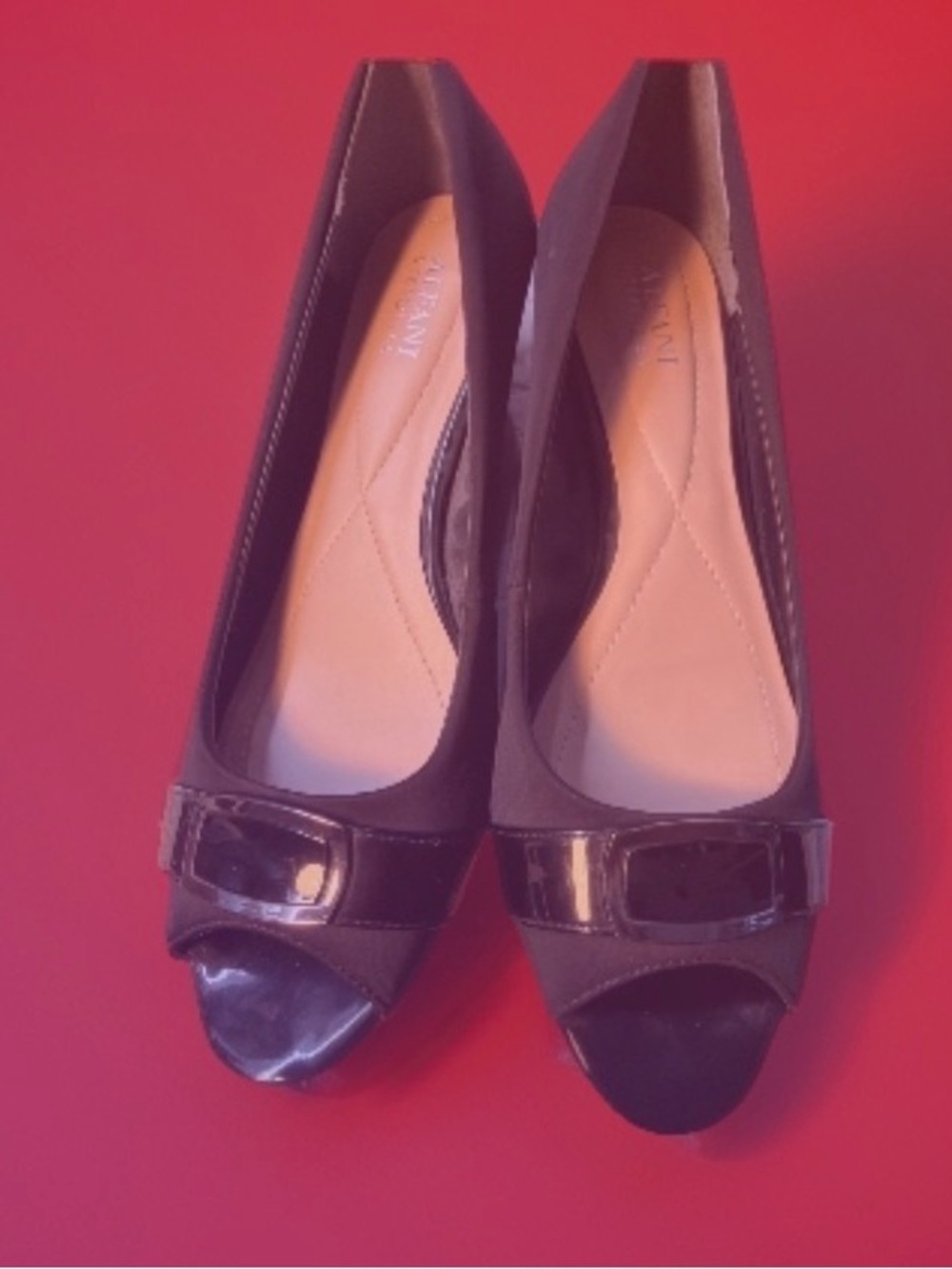 Vintage Alfani Women’s Black Peep-Toe Flats with Patent Accent 9.5